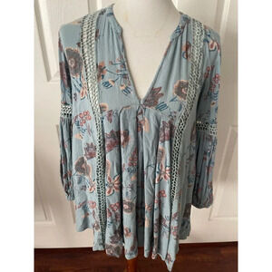 Free People Floral Boho Blouse Crochet Trim Long Sleeve Lightweight Top XS